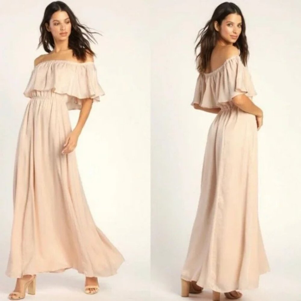 Lulus NWT Cream Romantic Thinking Light Peach Satin Off-the-Shoulder Maxi Dress